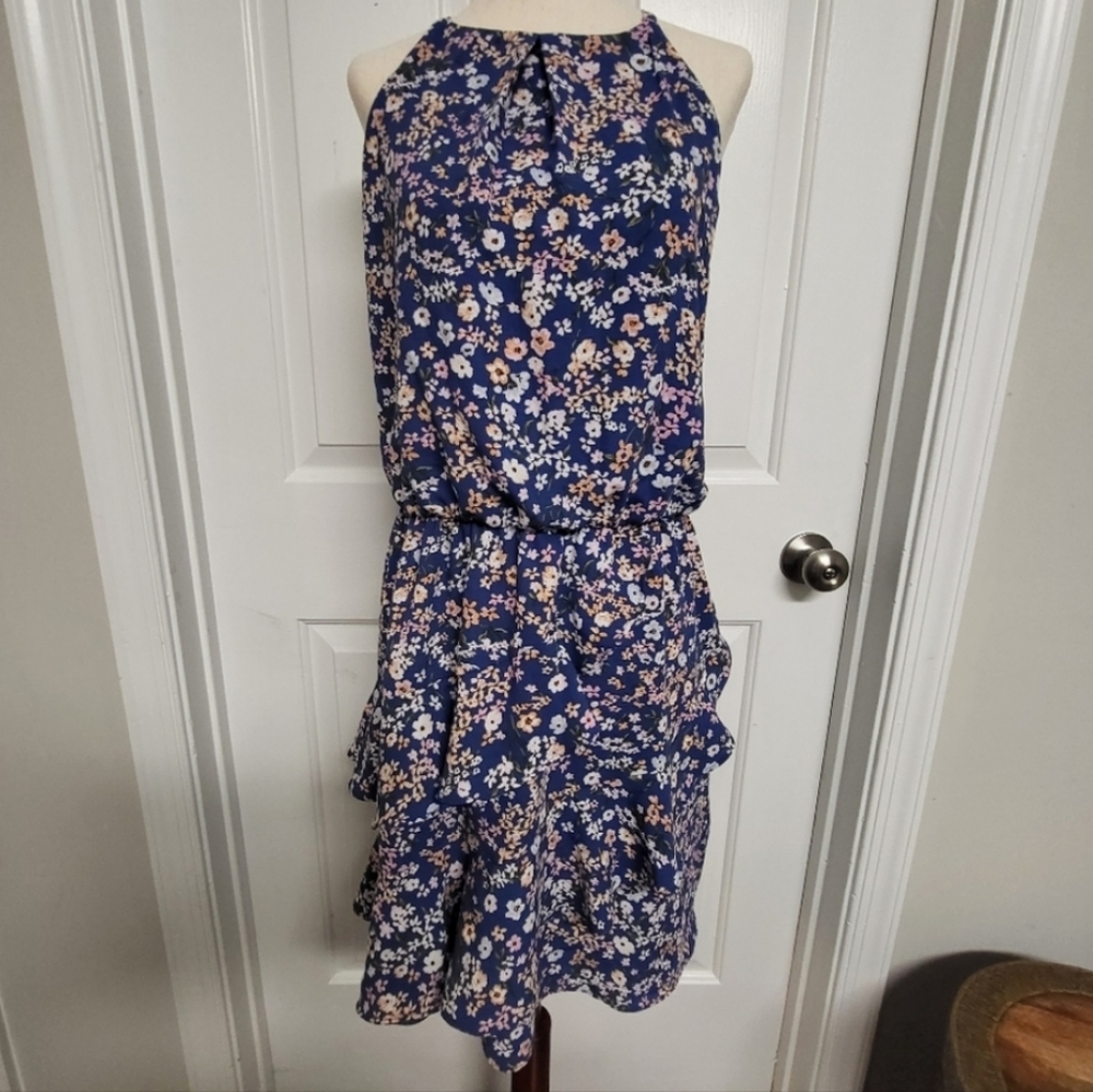 iZ Byer Pullover Floral Ruffle Dress, XXL, Blue Multi